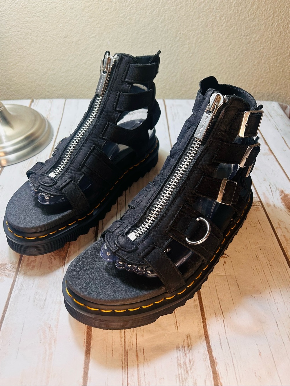 Dr. Martens Gladiator Sandals Olson Zip Front Black Leather Silver Accents - Picture 7 of 9